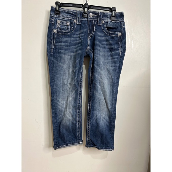 Miss Me Signature Cuffed Capri Jeans Blue Denim White Stitch Fleur Women's - Picture 1 of 6
